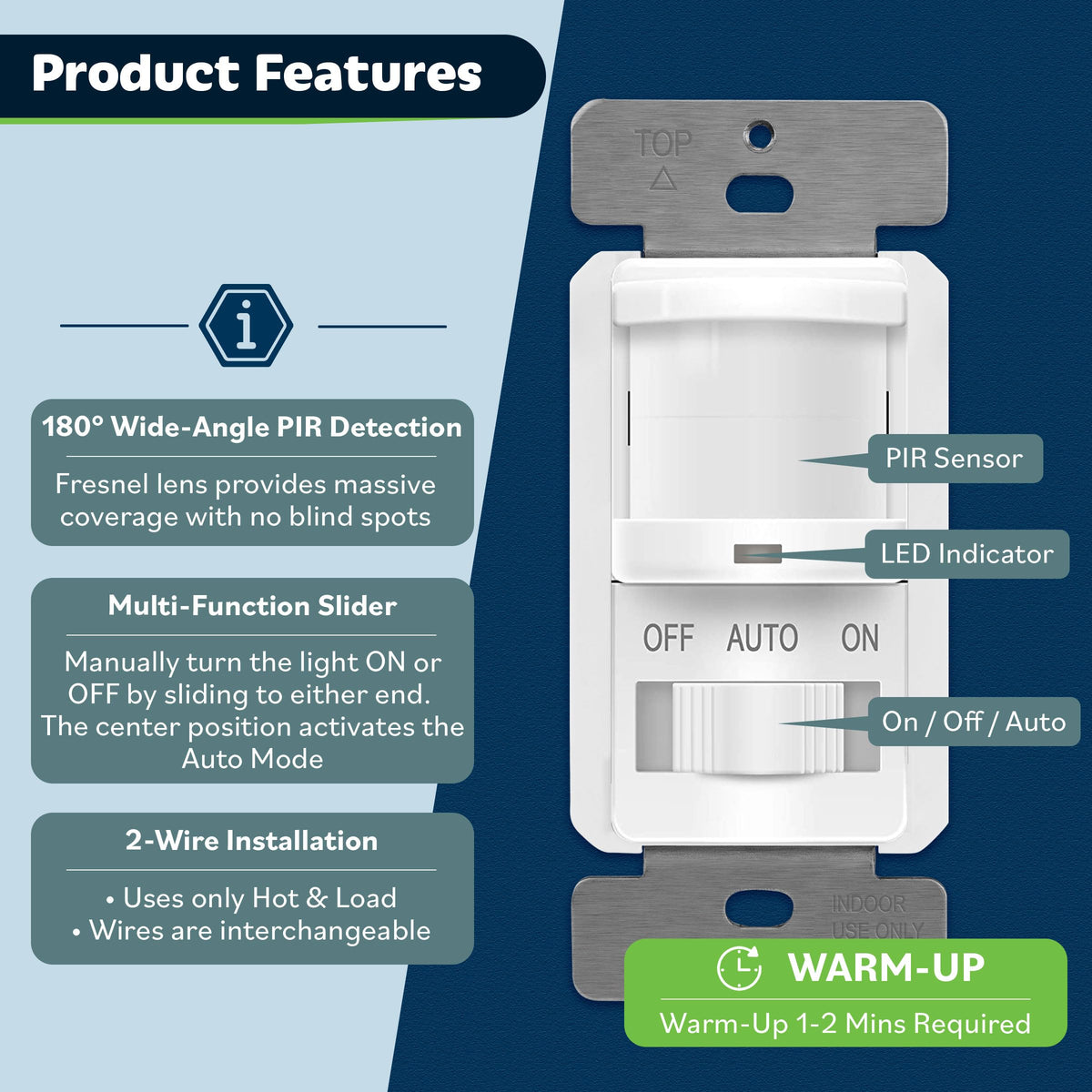 TOPGREENER Occupancy Sensor Switch with CDS Learning – No Neutral/No Ground, 200W Incandescent / 150W LED