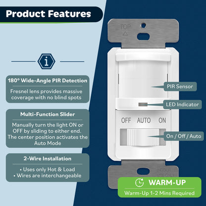 TOPGREENER Occupancy Sensor Switch with CDS Learning – No Neutral/No Ground, 200W Incandescent / 150W LED