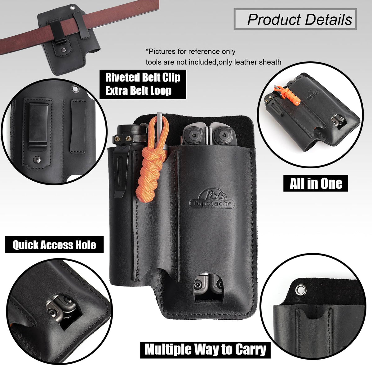 Topstache Leather Multitool Sheath with Belt Clip – EDC Belt Pouch for Leatherman & Tools