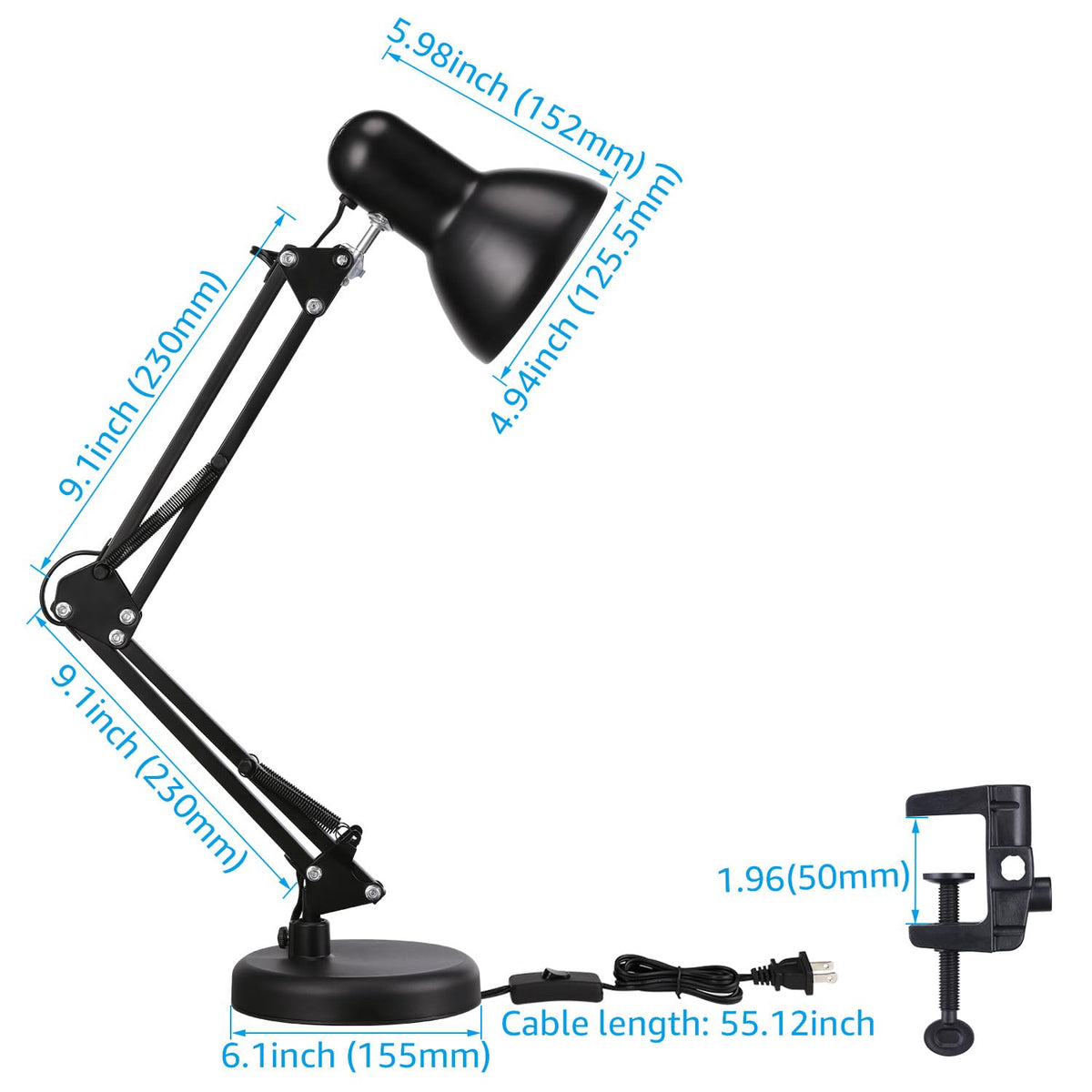 TORCHSTAR Metal Desk Lamp with Clamp – Adjustable Swing Arm, E26 Base, Black