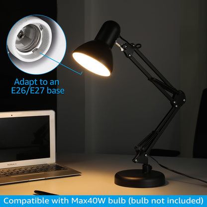 TORCHSTAR Metal Desk Lamp with Clamp – Adjustable Swing Arm, E26 Base, Black