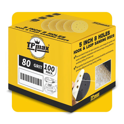 TPmax 100PCS 5in 80 Grit Sanding Discs – Premium Gold 8-Hole Hook & Loop for 125mm Random Orbital Sander