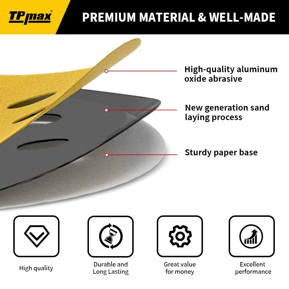 TPmax 100PCS 5in 80 Grit Sanding Discs – Premium Gold 8-Hole Hook & Loop for 125mm Random Orbital Sander