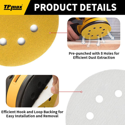 TPmax 100PCS 5in 80 Grit Sanding Discs – Premium Gold 8-Hole Hook & Loop for 125mm Random Orbital Sander