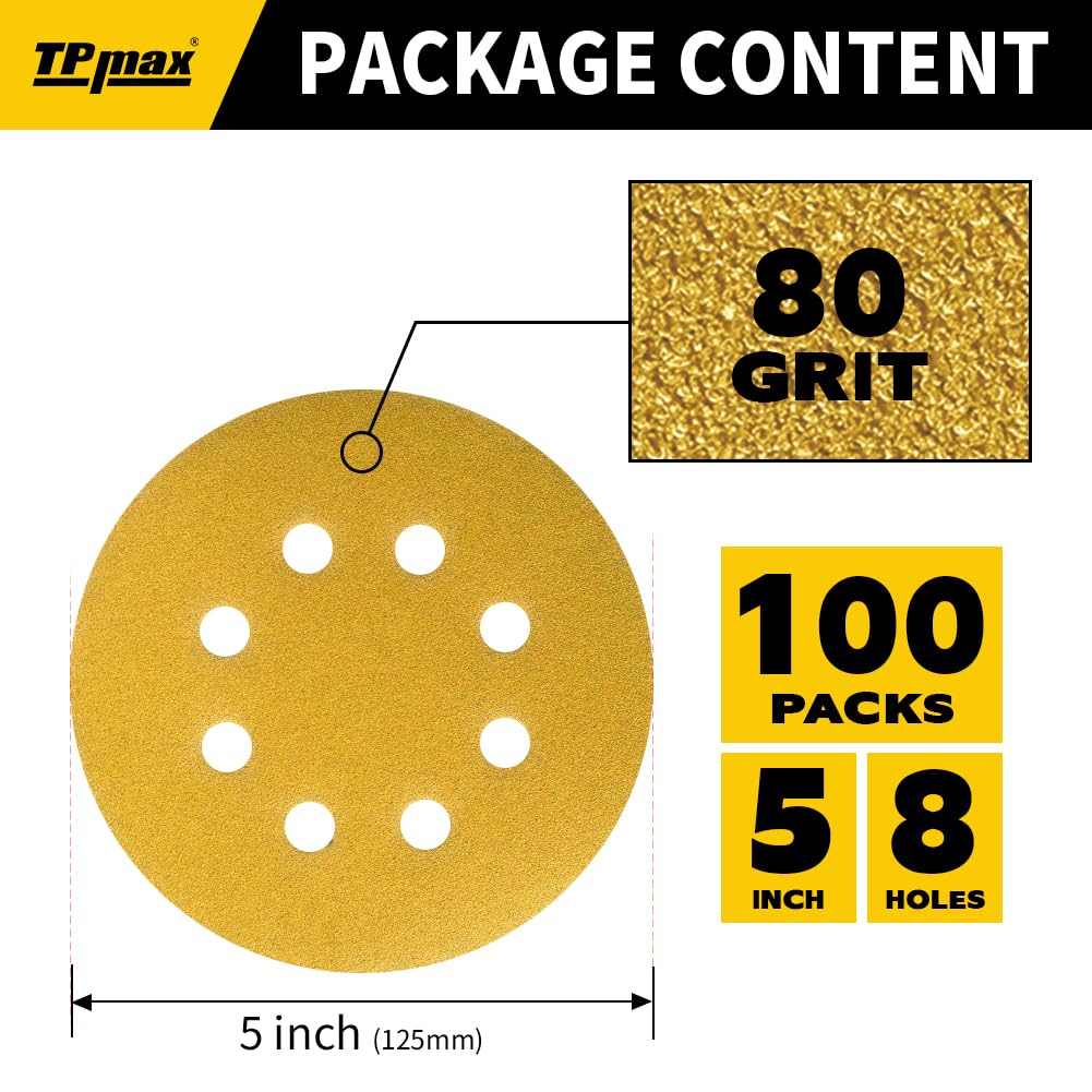 TPmax 100PCS 5in 80 Grit Sanding Discs – Premium Gold 8-Hole Hook & Loop for 125mm Random Orbital Sander