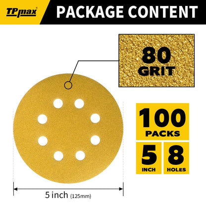 TPmax 100PCS 5in 80 Grit Sanding Discs – Premium Gold 8-Hole Hook & Loop for 125mm Random Orbital Sander