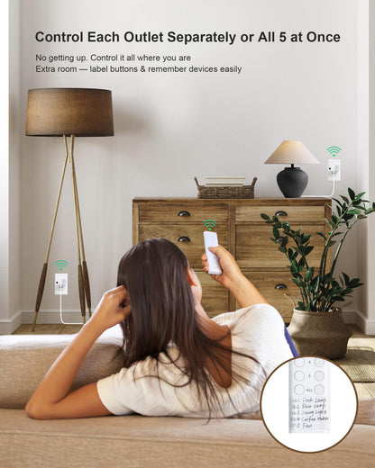 Treewell Wireless Remote Outlet – 200ft Range, 5 Outlets, 15A/1875W, FCC & ETL Listed
