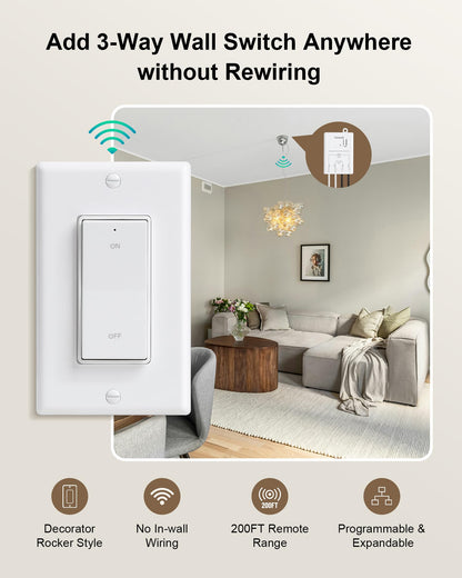 TREEWELL 3 Way Wireless Light Switch & Receiver Kit | Decorator Rocker Wall Switch | 200ft RF Range