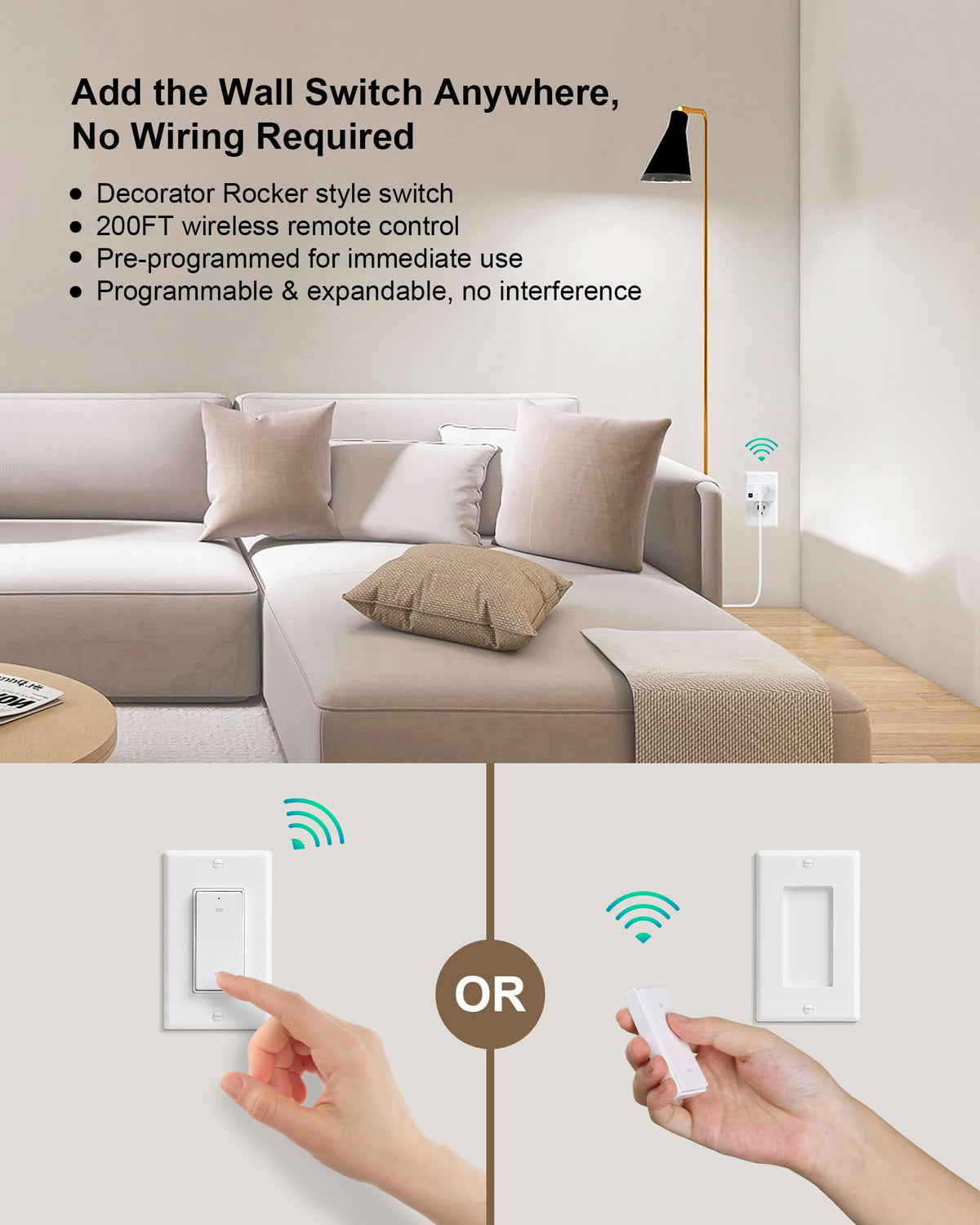 TREEWELL Wireless Remote Control Outlet | Decorator Rocker Wall Switch | 200ft Range (2 Switches + 1 Outlet)