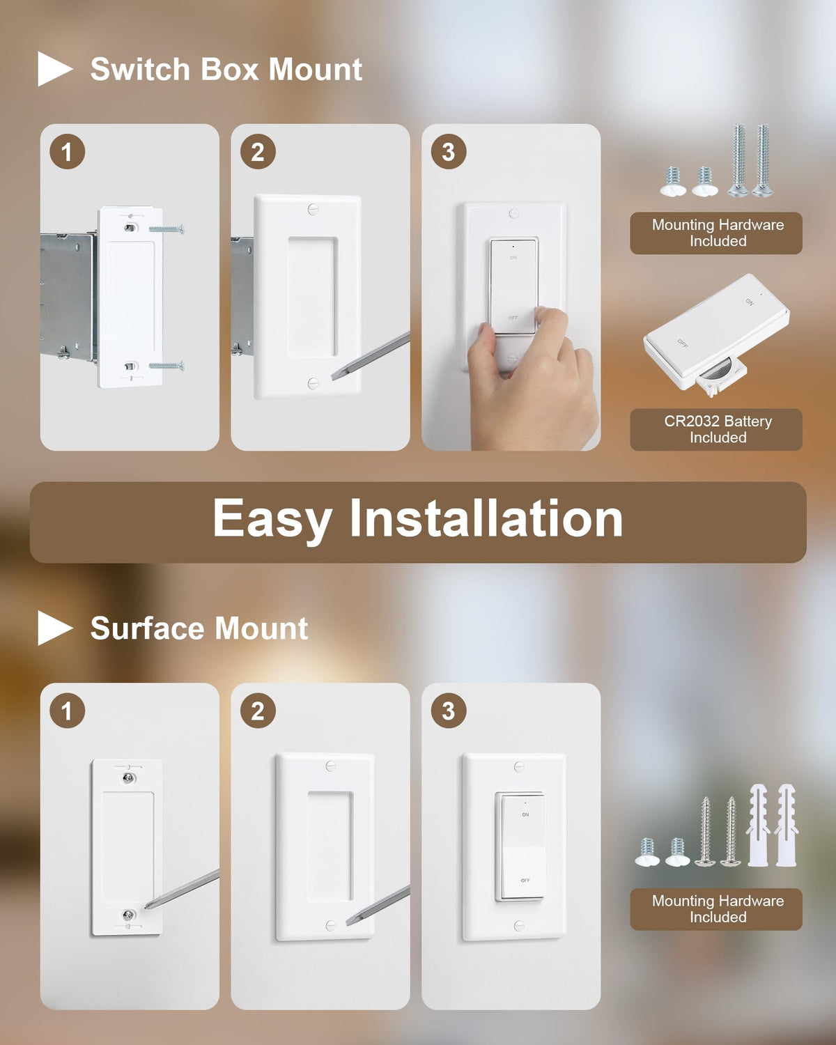 TREEWELL 3 Way Wireless Light Switch & Receiver Kit | Decorator Rocker Wall Switch | 200ft RF Range