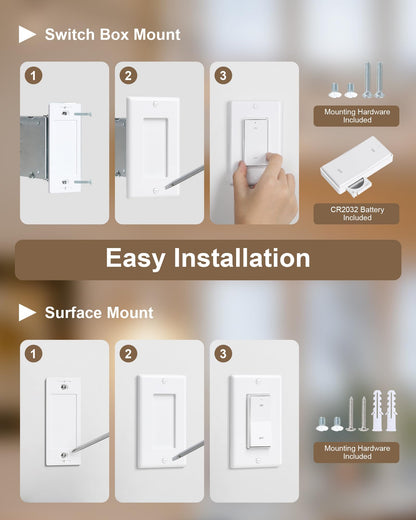 TREEWELL 3 Way Wireless Light Switch & Receiver Kit | Decorator Rocker Wall Switch | 200ft RF Range