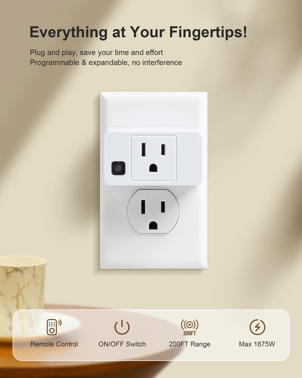 Treewell Wireless Remote Outlet – 200ft Range, 5 Outlets, 15A/1875W, FCC & ETL Listed