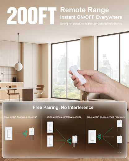 TREEWELL 3 Way Wireless Light Switch & Receiver Kit | Decorator Rocker Wall Switch | 200ft RF Range