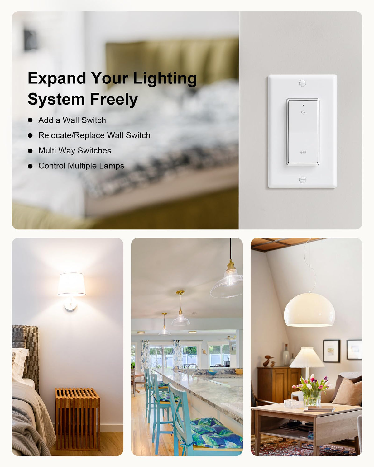 TREEWELL 3 Way Wireless Light Switch & Receiver Kit | Decorator Rocker Wall Switch | 200ft RF Range