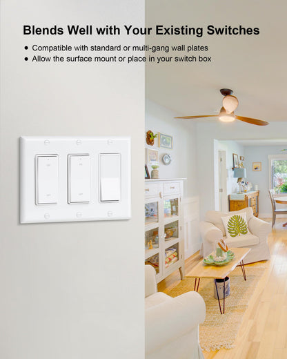 TREEWELL 3 Way Wireless Light Switch & Receiver Kit | Decorator Rocker Wall Switch | 200ft RF Range