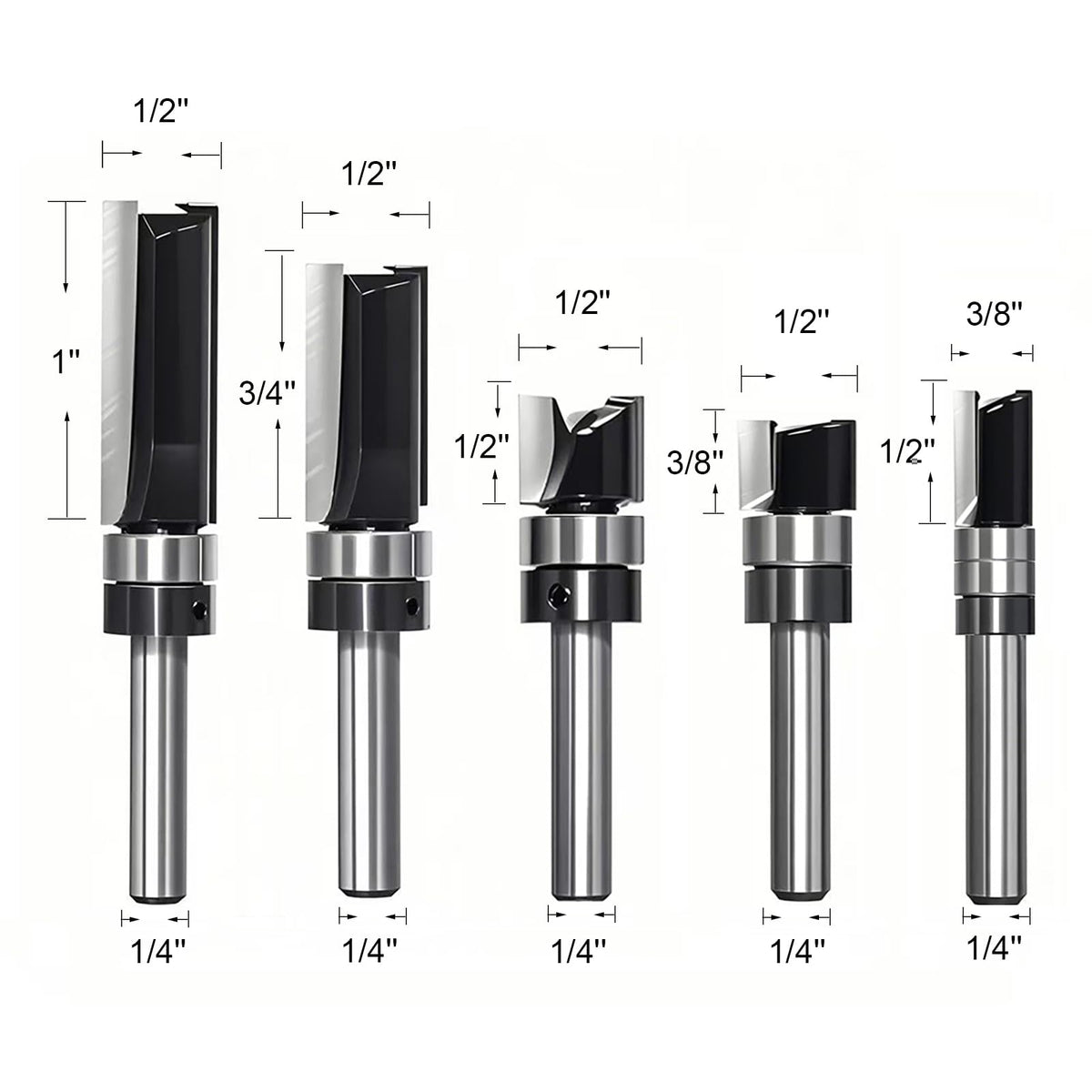 TRIMTWOL Pattern Flush Trim Router Bit Set - 5-Piece, 1/4 Shank, Carbide Tipped