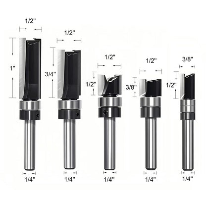 TRIMTWOL Pattern Flush Trim Router Bit Set - 5-Piece, 1/4 Shank, Carbide Tipped