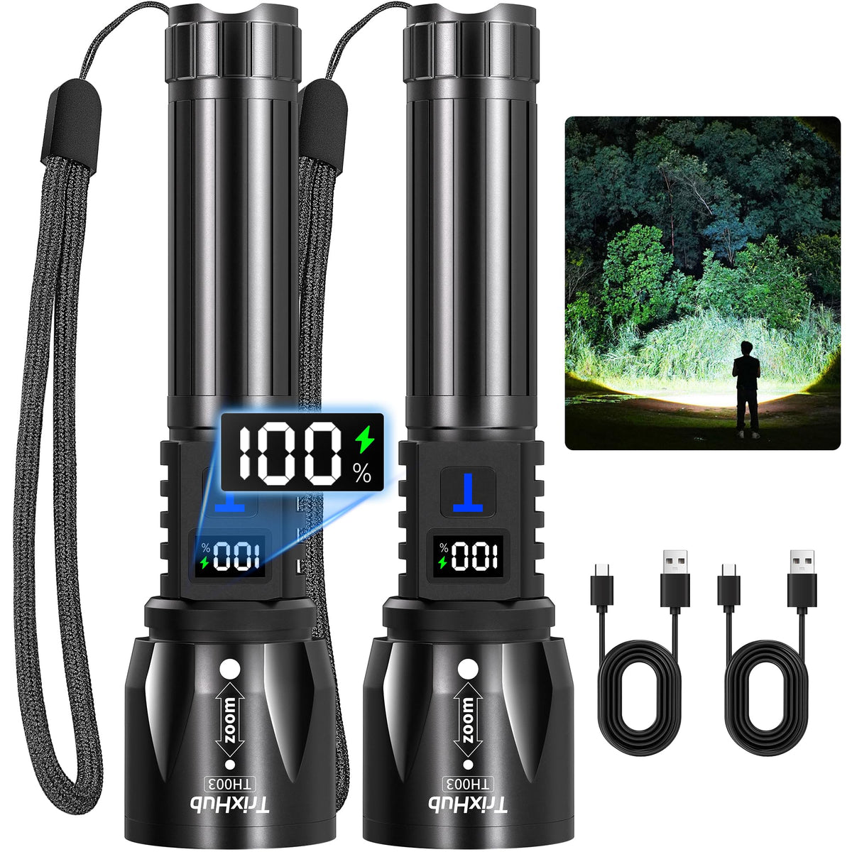 TrixHub Rechargeable Flashlights 2-Pack with LCD Display & 5 Modes