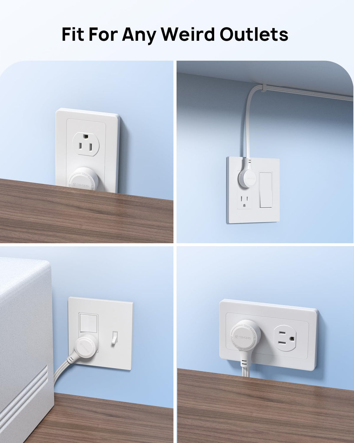 TROND 360° Rotating Flat Plug Extension Cord Surge Protector — 15ft, 900J, 3-Sided Grounded Outlets, 13A, Indoor Use