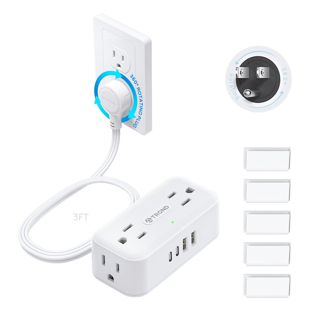 TROND 360° Rotating Flat Plug Extension Cord, 3ft — 4 USB + 4 AC, Mountable, 900J Surge