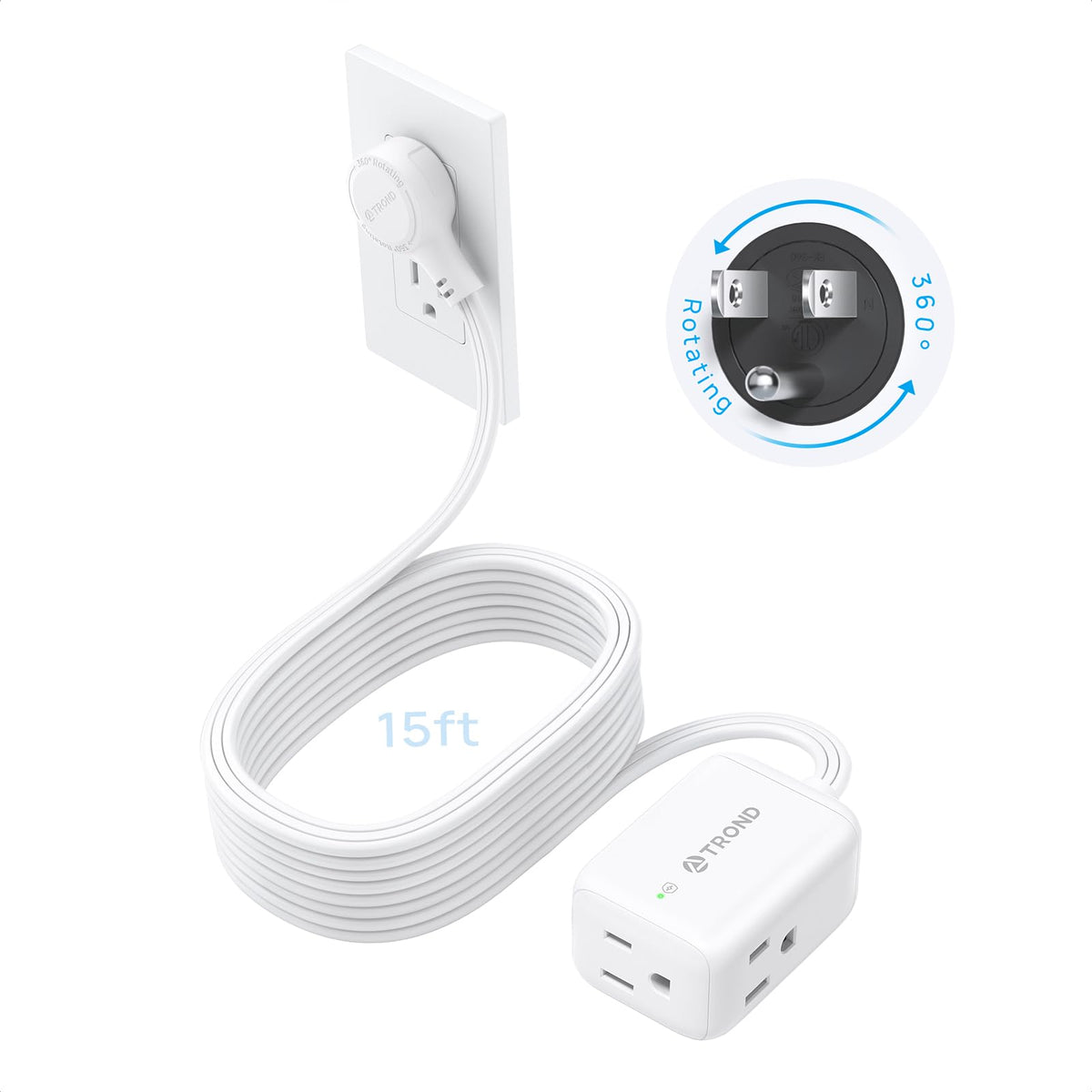 TROND 360° Rotating Flat Plug Extension Cord Surge Protector — 15ft, 900J, 3-Sided Grounded Outlets, 13A, Indoor Use