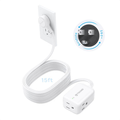 TROND 360° Rotating Flat Plug Extension Cord Surge Protector — 15ft, 900J, 3-Sided Grounded Outlets, 13A, Indoor Use