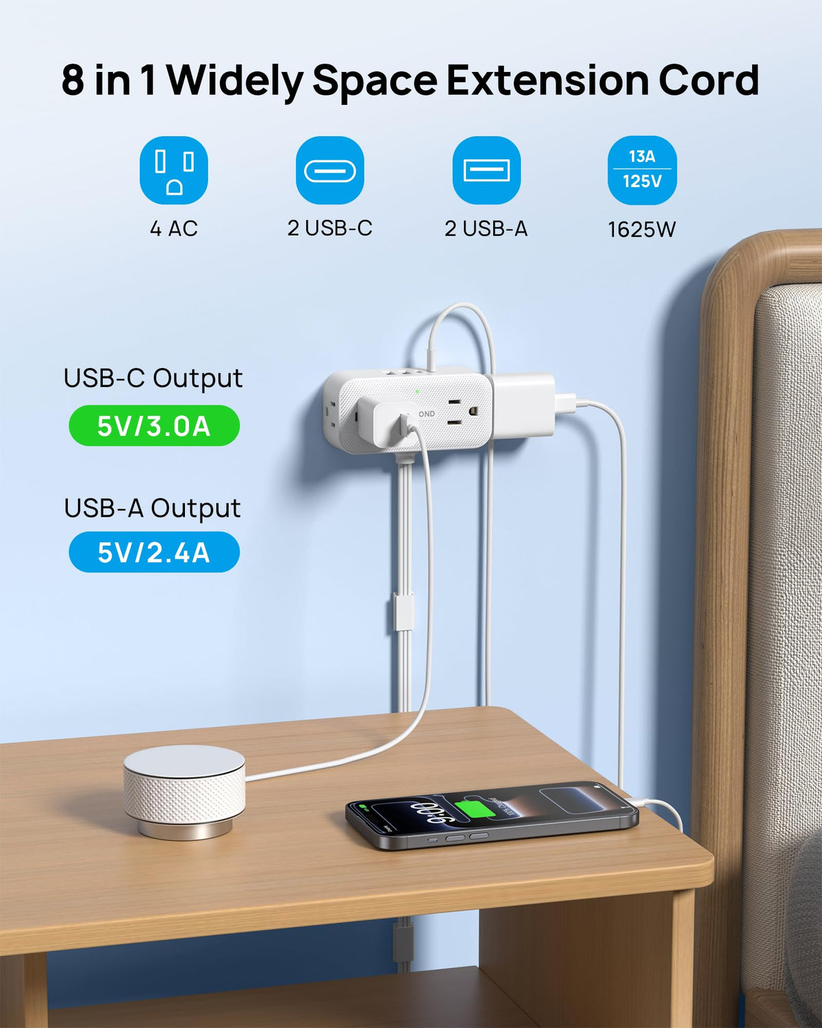 TROND 360° Rotating Flat Plug Extension Cord, 3ft — 4 USB + 4 AC, Mountable, 900J Surge