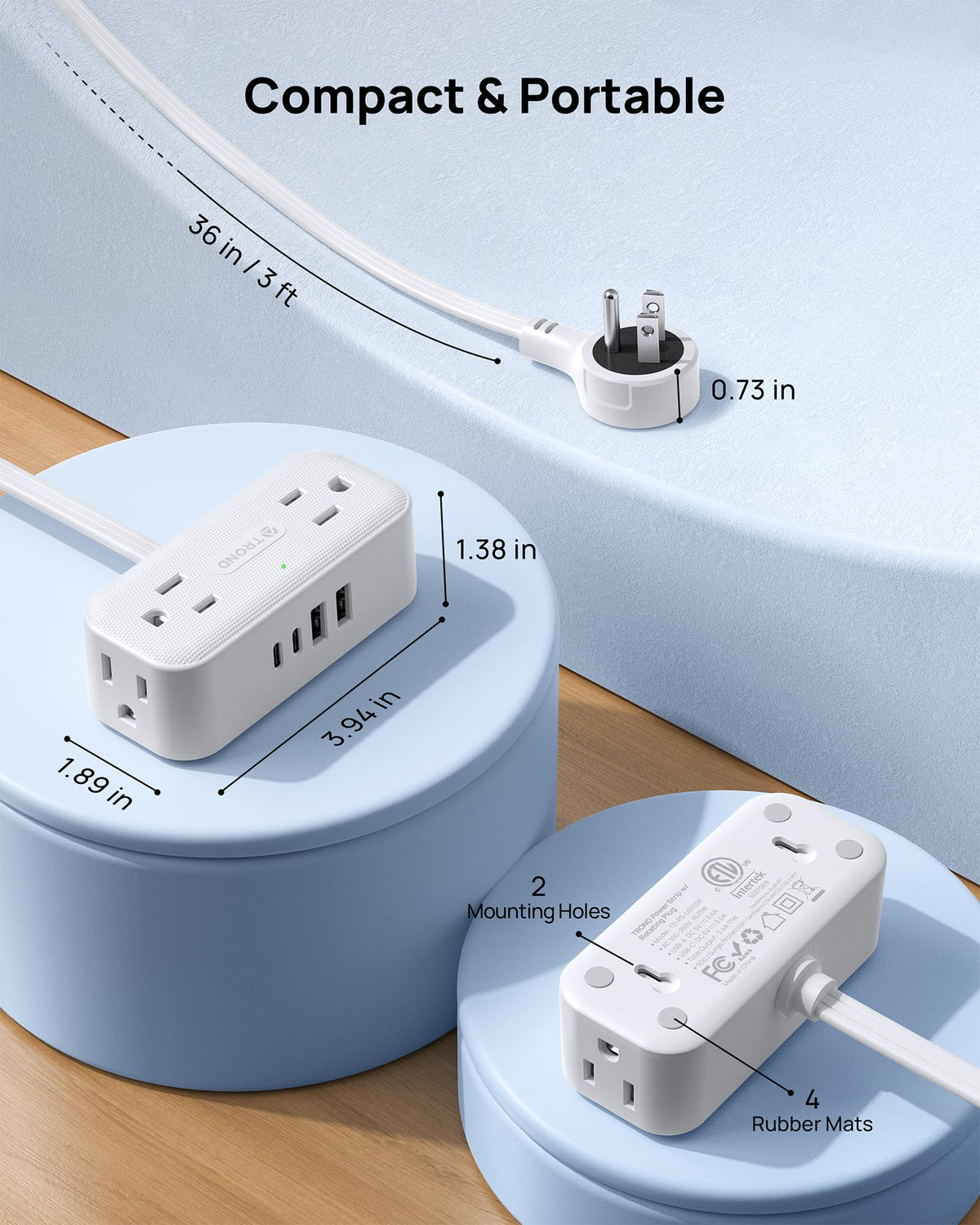 TROND 360° Rotating Flat Plug Extension Cord, 3ft — 4 USB + 4 AC, Mountable, 900J Surge