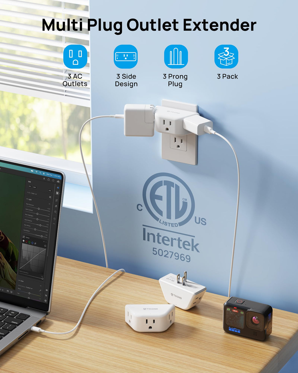 TROND Outlet Extender 3-Pack - 3-Socket Wall Splitter, Travel Ready, Cruise Ship Approved