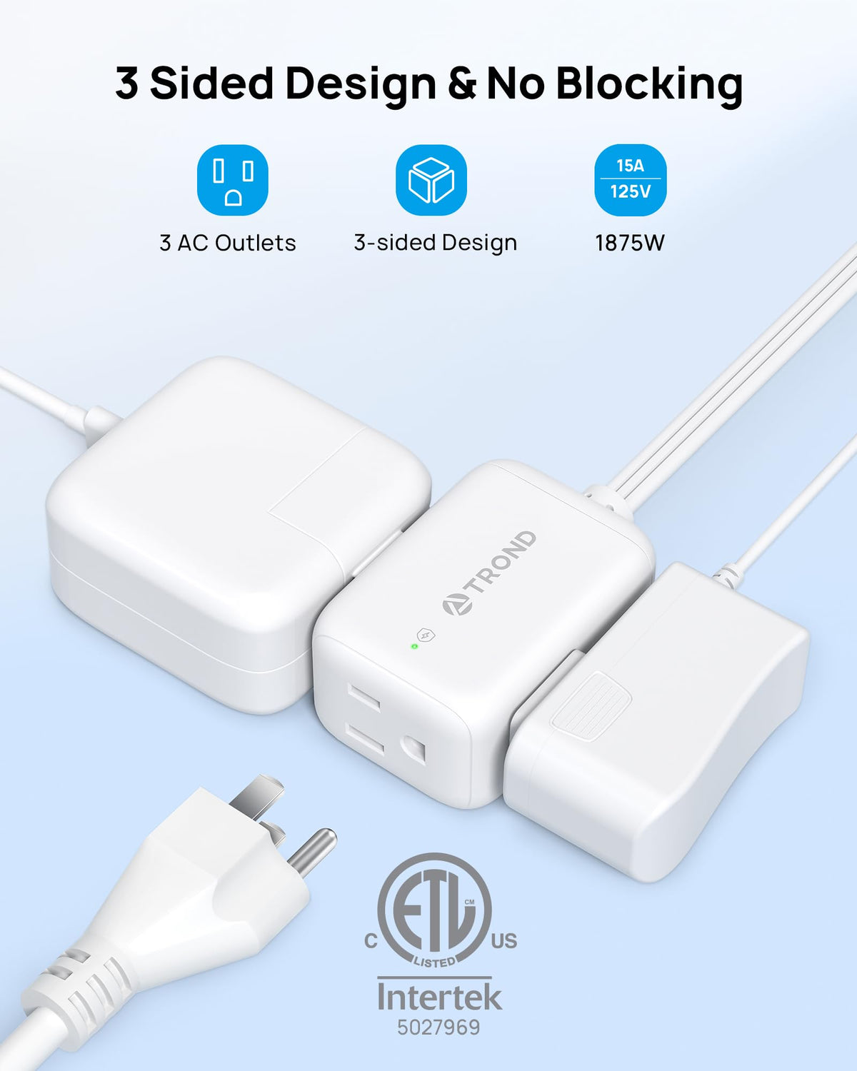 TROND 360° Rotating Flat Plug Extension Cord Surge Protector — 15ft, 900J, 3-Sided Grounded Outlets, 13A, Indoor Use