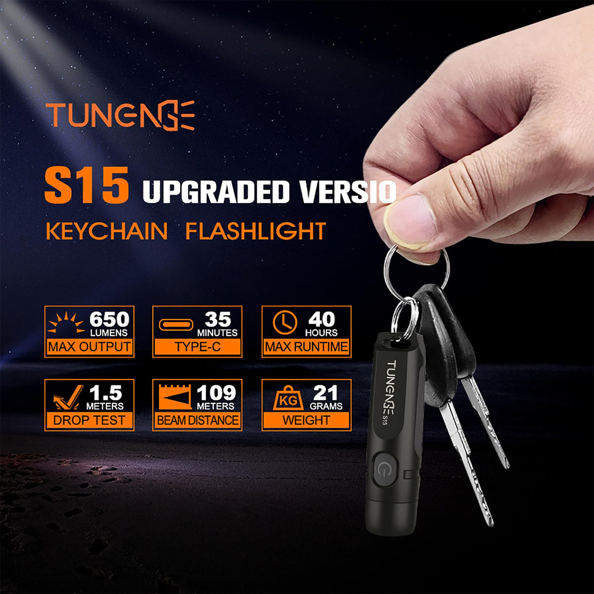 Tunenge S15 Keychain Flashlight – 650 Lumen USB-C Rechargeable EDC Pocket Light