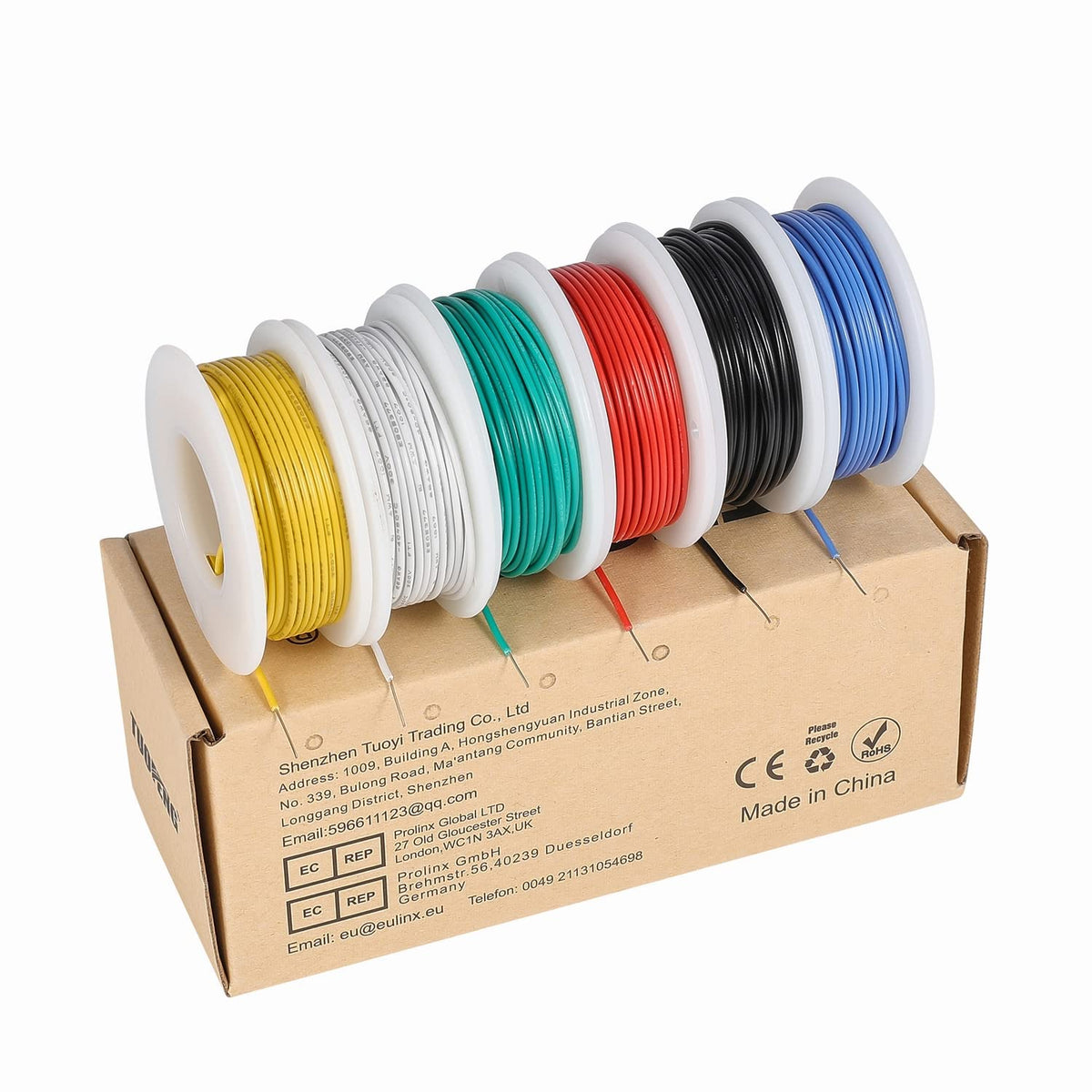 TUOFENG 26 AWG Solid Core Hookup Wire - 6 Colors, 33ft/10m Spools, PVC Insulation, 300V