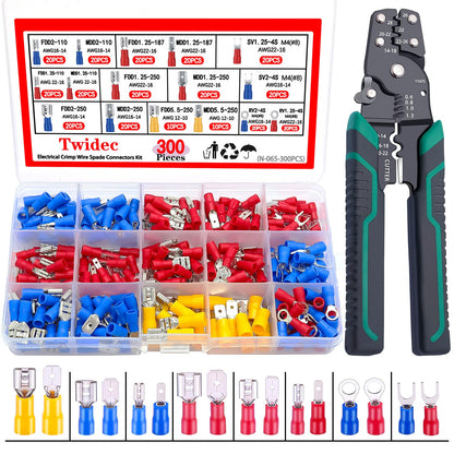 Twidec 300Pcs Spade Crimp Connectors Kit – 16 Types, Includes Crimp Tool & Case