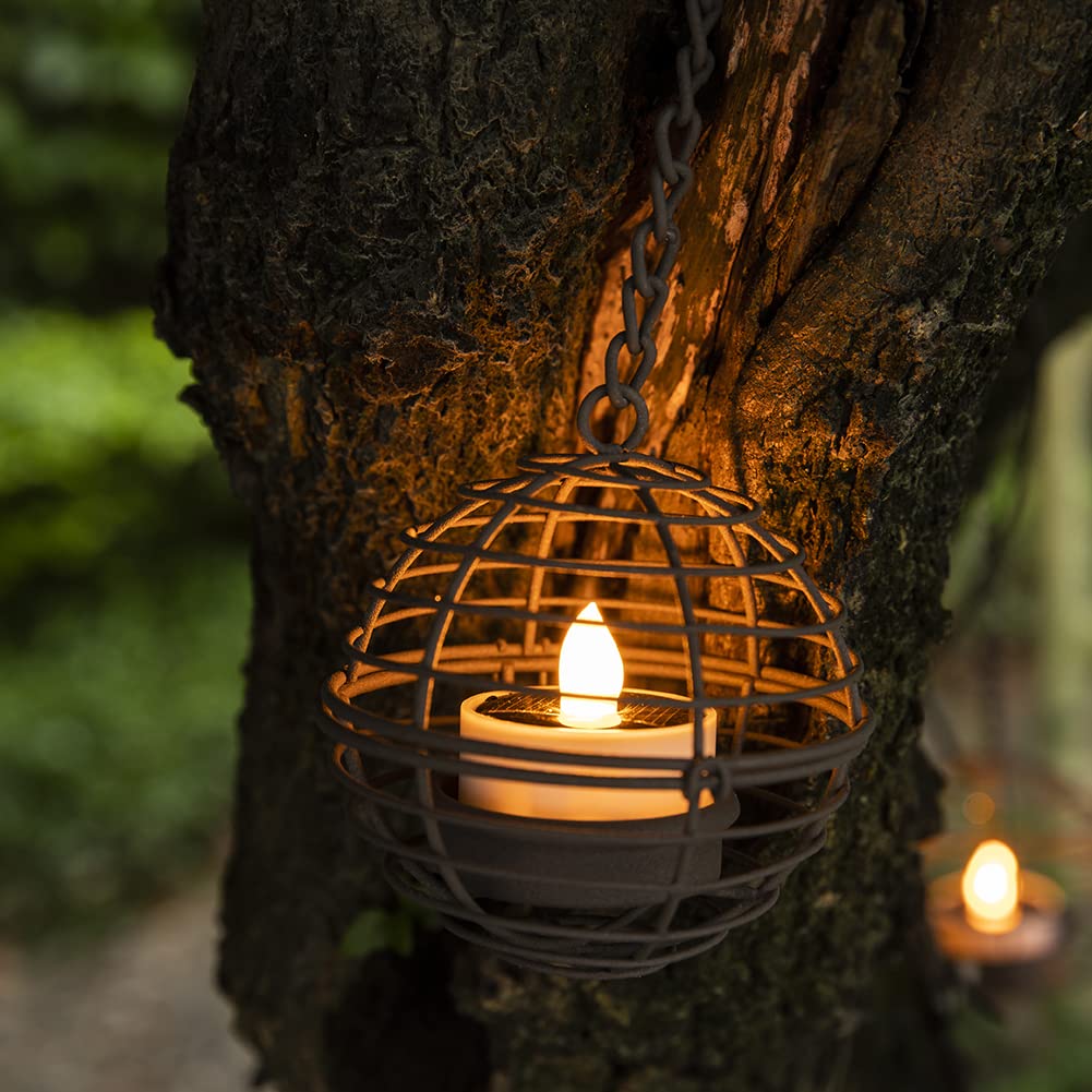 TWINKVILLA Solar Hanging Lanterns (4-Pack) — Rust Iron Ball, Waterproof, Flickering LED Tea Lights