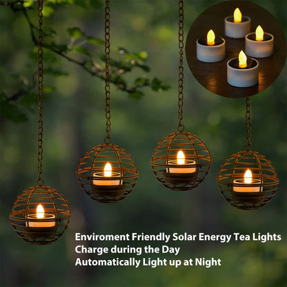TWINKVILLA Solar Hanging Lanterns (4-Pack) — Rust Iron Ball, Waterproof, Flickering LED Tea Lights