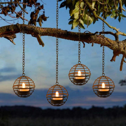 TWINKVILLA Solar Hanging Lanterns (4-Pack) — Rust Iron Ball, Waterproof, Flickering LED Tea Lights