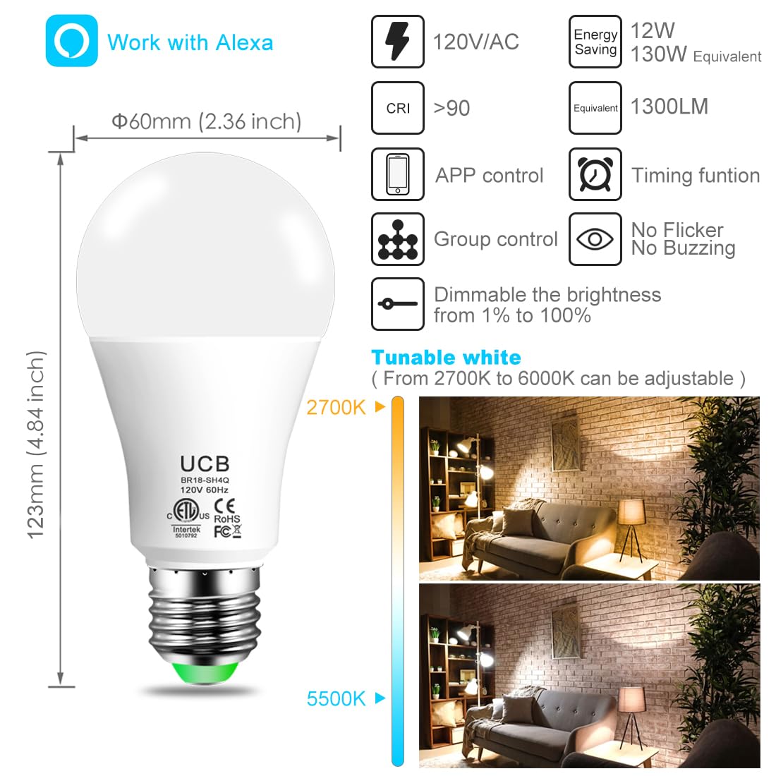 UCB Alexa Light Bulb 4 Pack — Bluetooth LED Bulbs, Tunable White 2700K–6000K, 1300lm