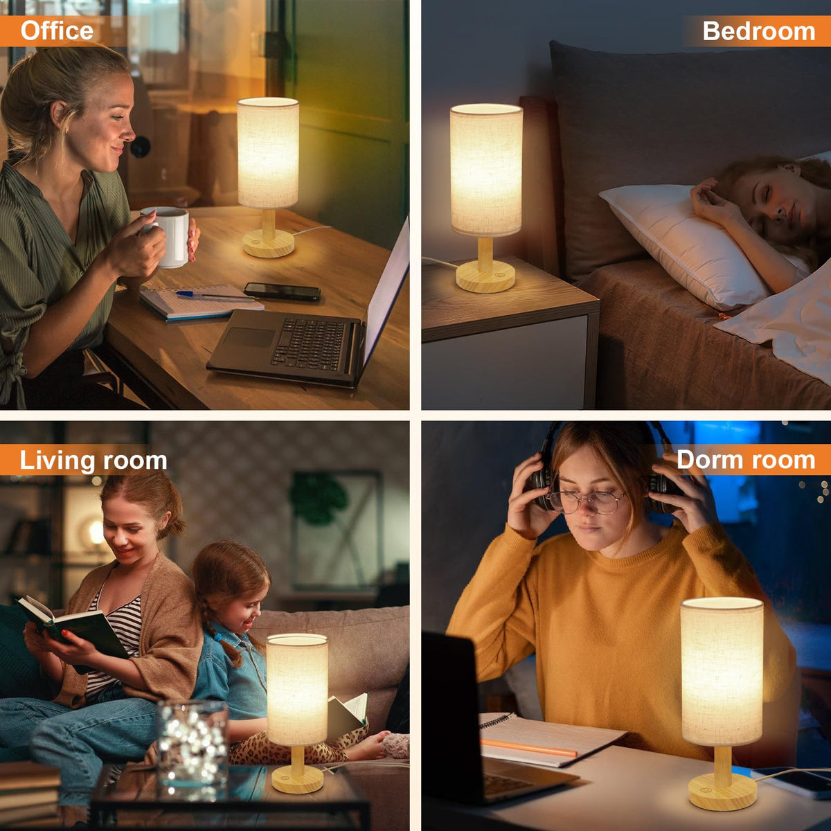 UCHENTON Small Touch Table Lamp with USB, Stepless Dimming, Wood Base & Linen Shade