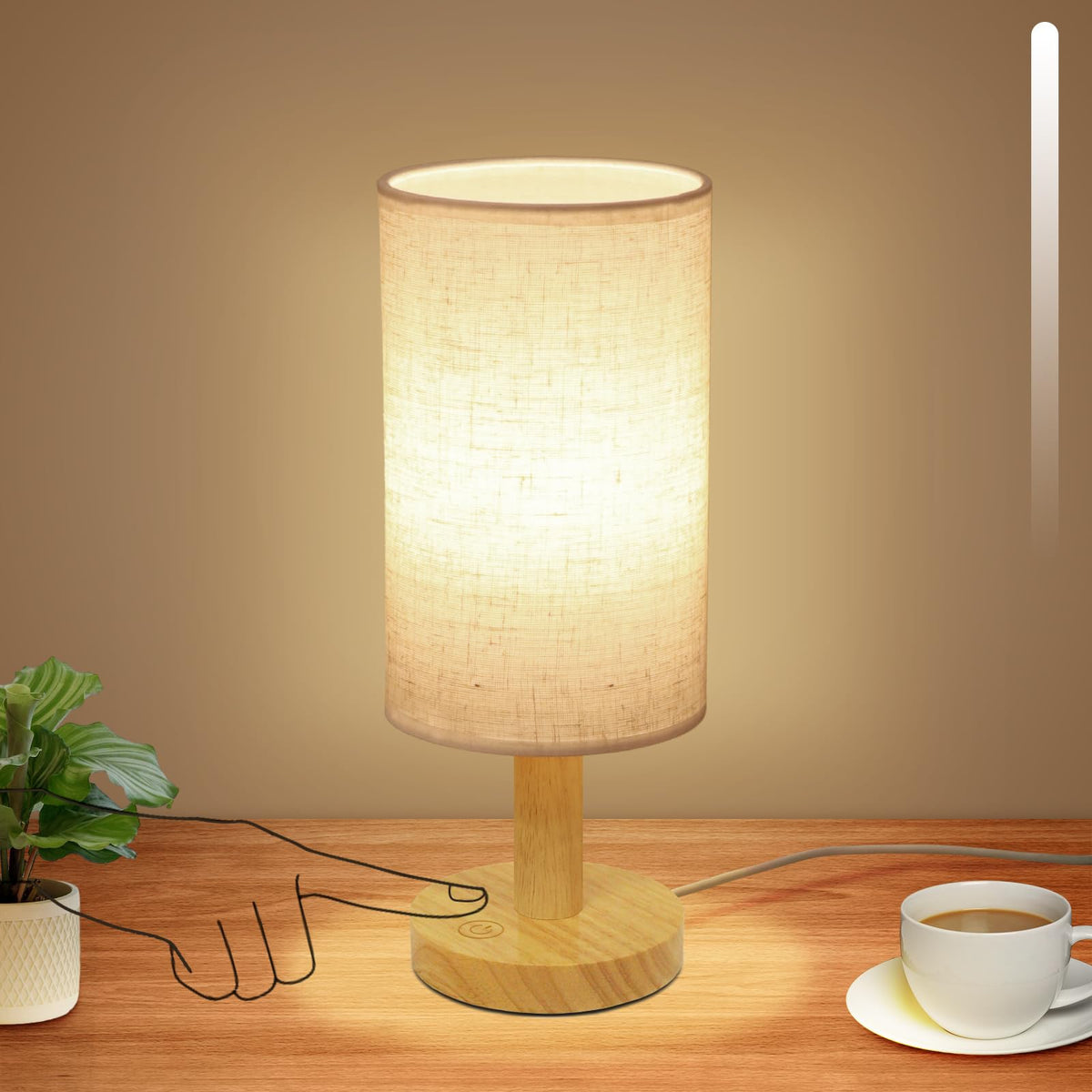 UCHENTON Small Touch Table Lamp with USB, Stepless Dimming, Wood Base & Linen Shade