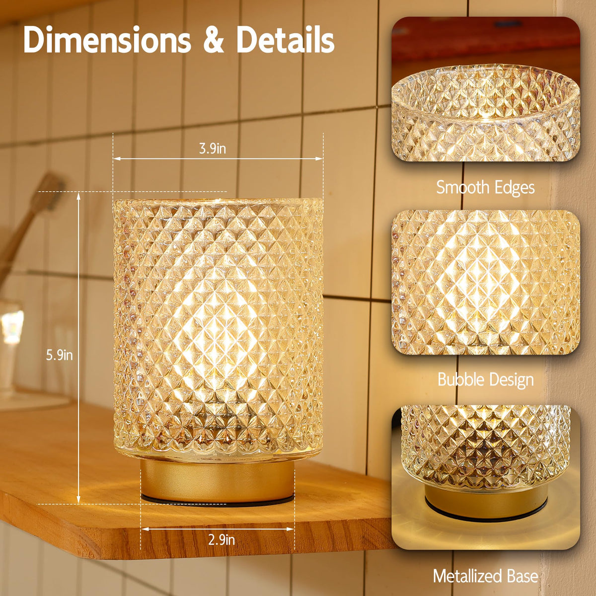 ULAROOM Battery-Operated Cordless Glass Table Lamp with Timer – Iridescent Clear
