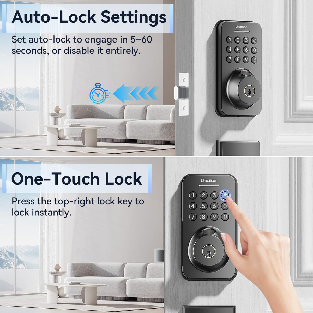 Ulecoce Fingerprint Keypad Deadbolt with Handle Set | Keyless Front Door Lock, App Control, Auto Locking