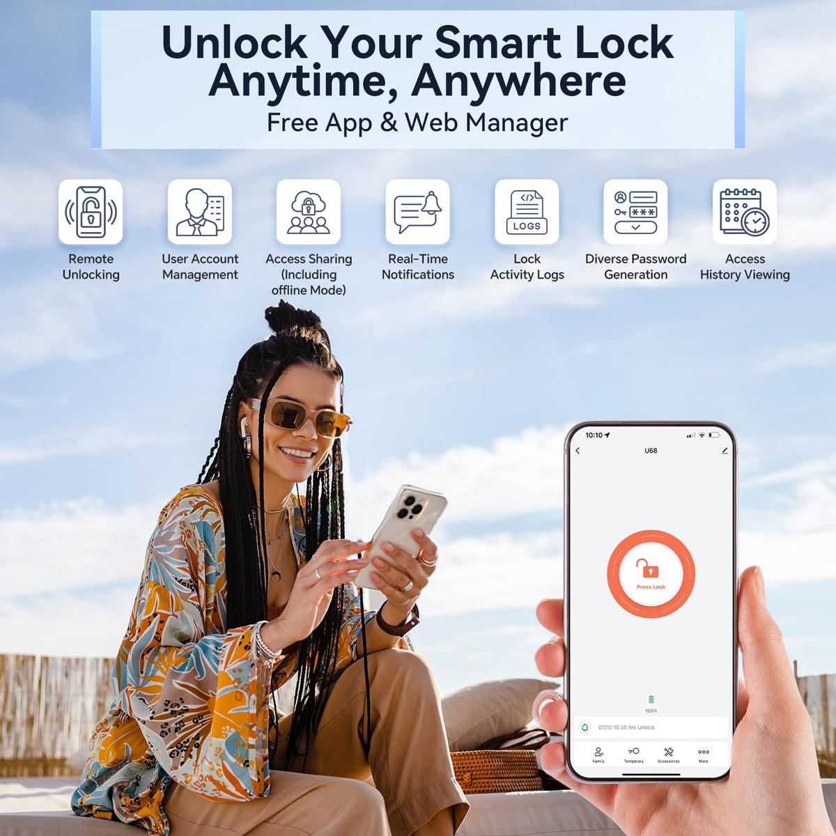 Ulecoce Fingerprint Keypad Deadbolt with Handle Set | Keyless Front Door Lock, App Control, Auto Locking