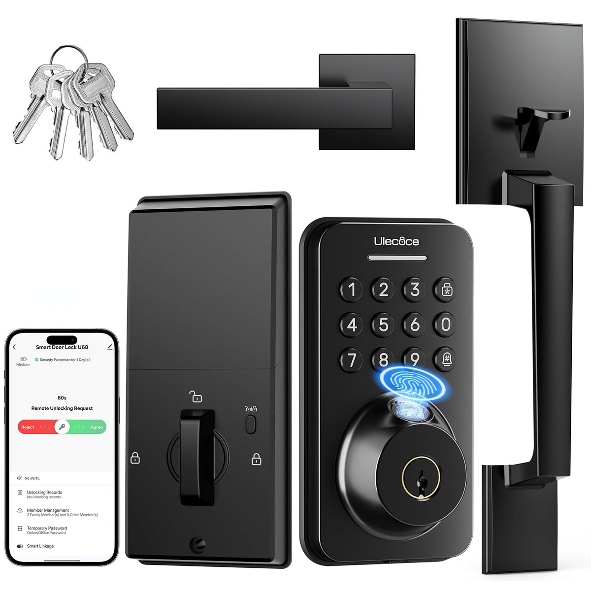 Ulecoce Fingerprint Keypad Deadbolt with Handle Set | Keyless Front Door Lock, App Control, Auto Locking