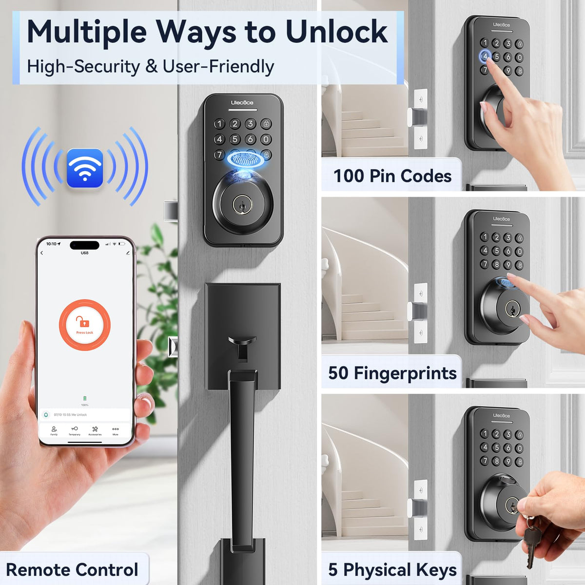 Ulecoce Fingerprint Keypad Deadbolt with Handle Set | Keyless Front Door Lock, App Control, Auto Locking