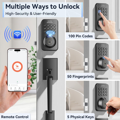 Ulecoce Fingerprint Keypad Deadbolt with Handle Set | Keyless Front Door Lock, App Control, Auto Locking