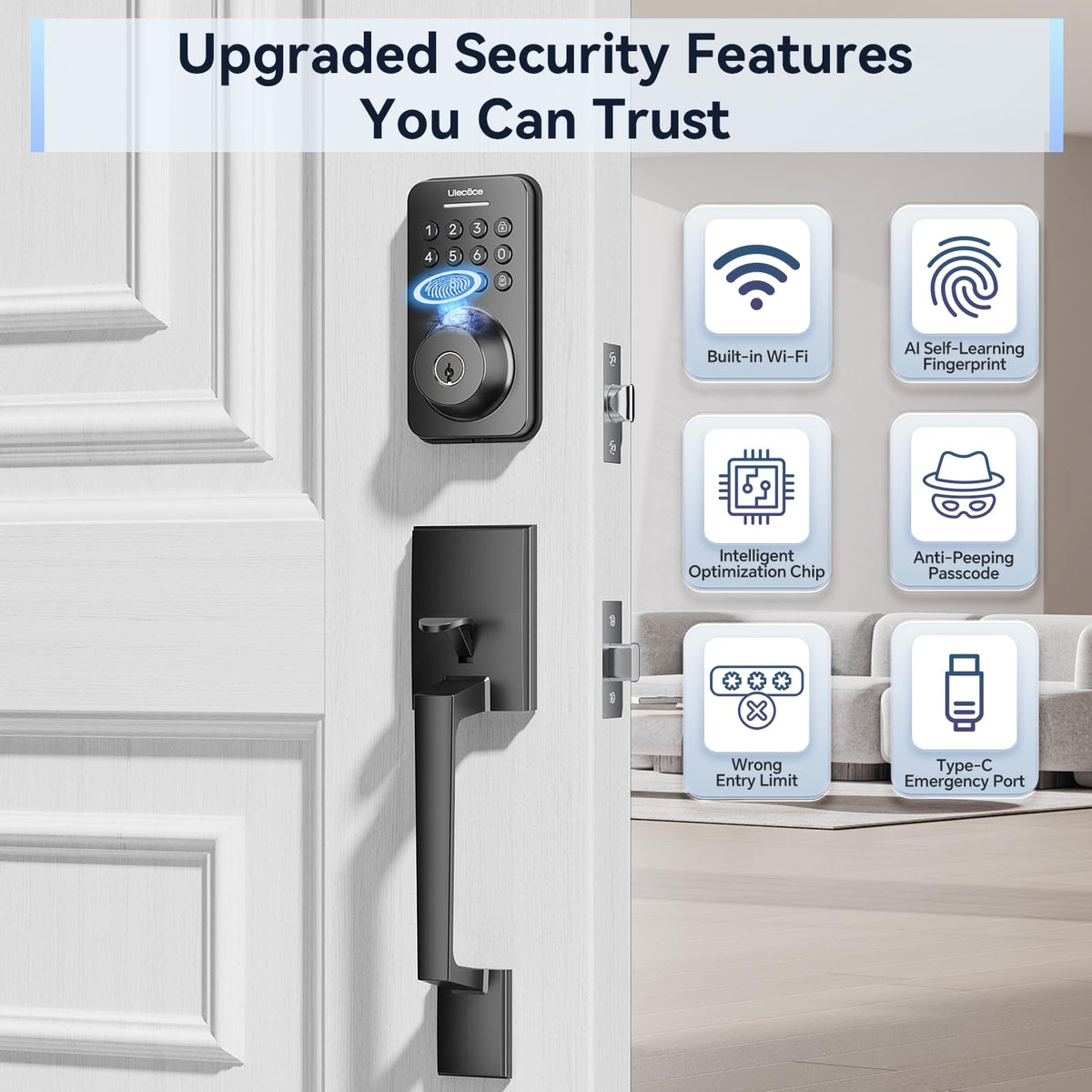 Ulecoce Fingerprint Keypad Deadbolt with Handle Set | Keyless Front Door Lock, App Control, Auto Locking