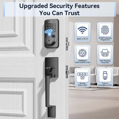 Ulecoce Fingerprint Keypad Deadbolt with Handle Set | Keyless Front Door Lock, App Control, Auto Locking