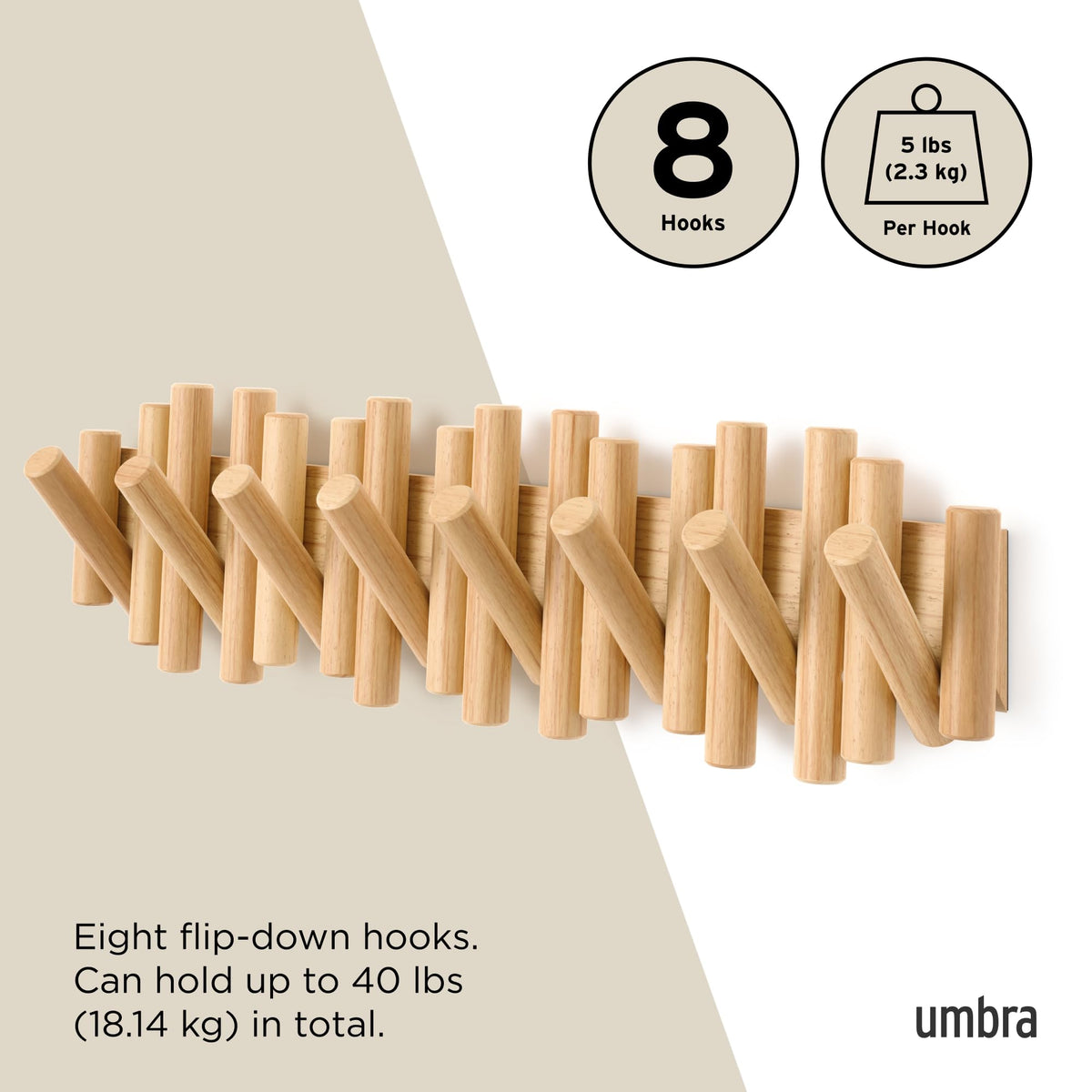Umbra Picket Coat Rack with 8 Hooks – Wall-Mounted Beveled Pine Wood Storage