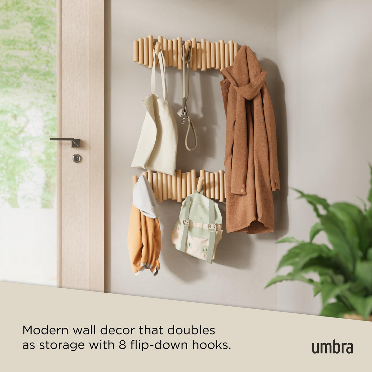 Umbra Picket Coat Rack with 8 Hooks – Wall-Mounted Beveled Pine Wood Storage