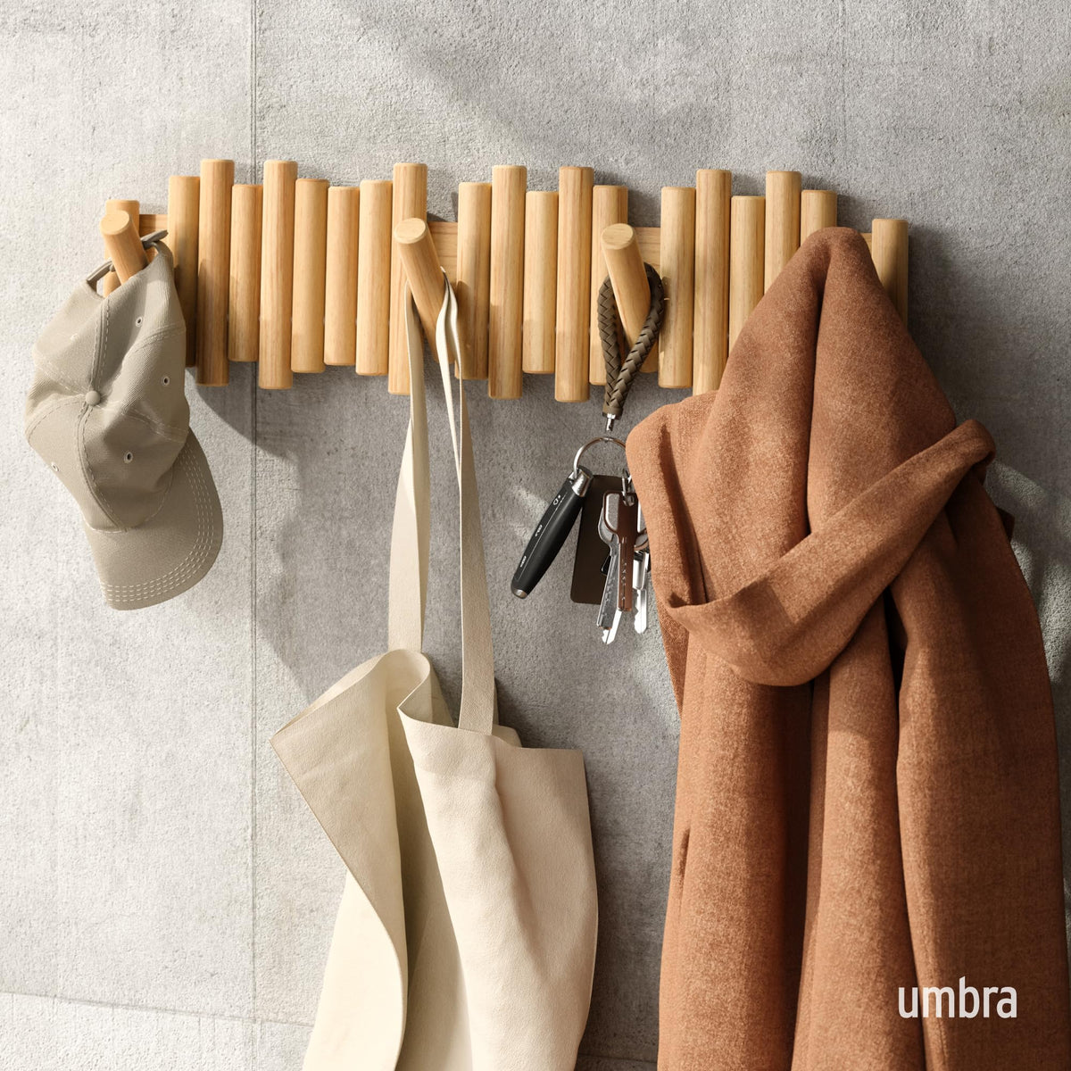Umbra Picket Coat Rack with 8 Hooks – Wall-Mounted Beveled Pine Wood Storage